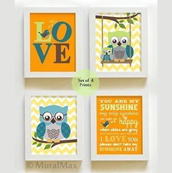 Whimsical Chevron Owl Love Theme - You Are My Sunshine Collection - Unframed Prints - Set of 4-B018KOFF66