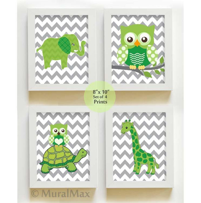 Whimsical Elephant & Friends Nursery Wall Art - Chevron Unframed Prints - Set of 4 Green Gray Decor