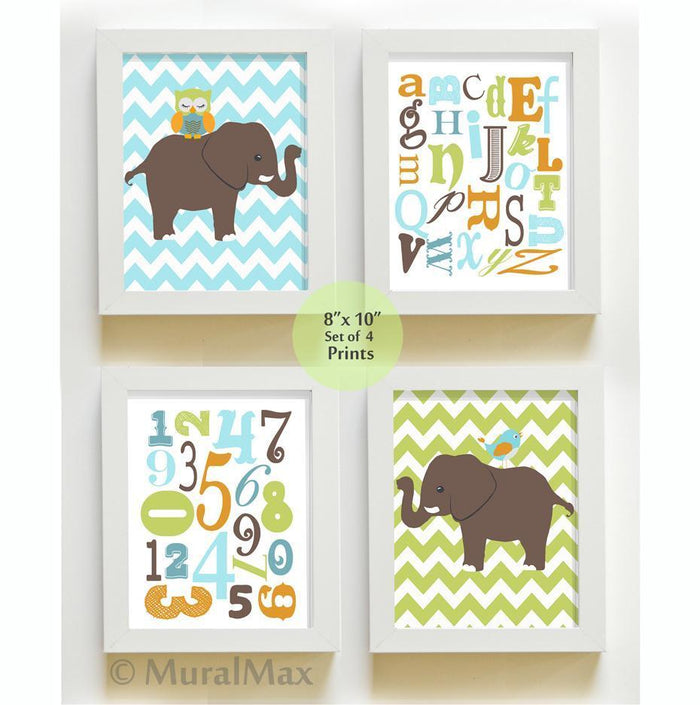Whimsical Elephants & Alphabet Nursery Art - Unframed Prints - Set of 4-Brown Aqua Orange Decor