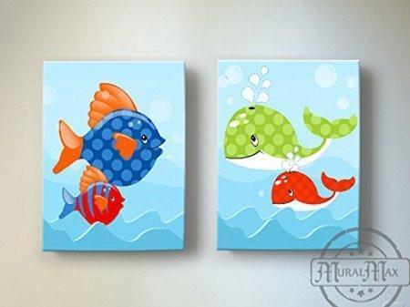 Whimsical Fish & Whale Ocean Theme - Canvas Decor - Set of 2-B018ISH3XW