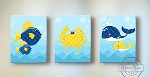 Whimsical Fish - Whales & Crabs Theme - Canvas Nursery Decor - Set of 3-B018ISL1CG-MuralMax Interiors