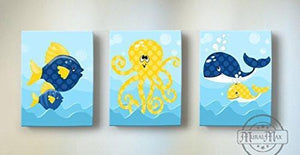 Whimsical Fish - Whales & OctopUSD Theme - Canvas Nursery Decor - Set of 3-B018ISLBYY-MuralMax Interiors