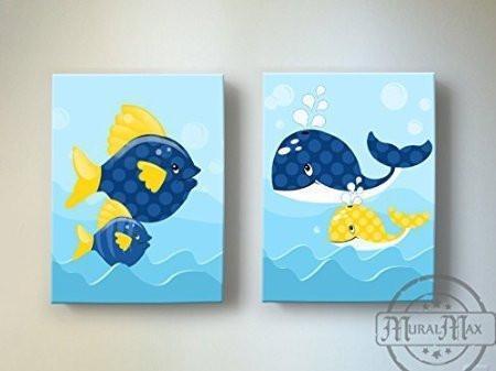 Whimsical Fish & Whales Theme - Canvas Nursery Decor - Set of 2-B018ISLJC8