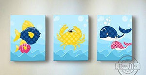 Whimsical Fish & Whales Theme - Canvas Nursery Decor - Set of 3-B018ISLNE2-MuralMax Interiors