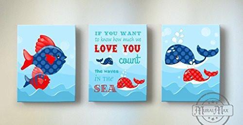 Whimsical Fish & Whale's Theme - Canvas Nursery Wall Decor - Set of 3-B018ISHFZ8