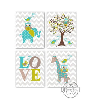Whimsical Giraffe Elephant Love & Tree Prints - Set of 4 - Unframed Prints-Aqua Tan Nursery Decor-MuralMax Interiors