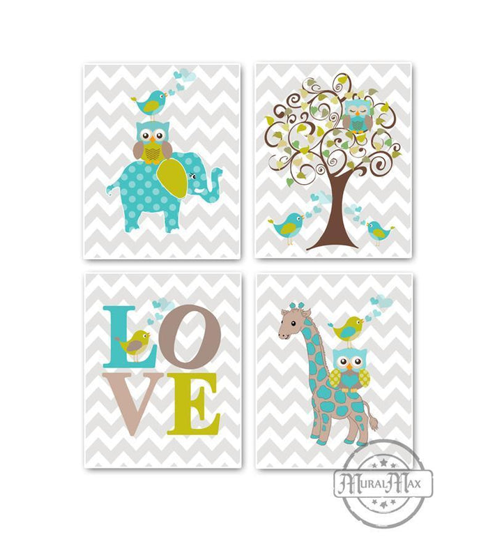 Whimsical Giraffe Elephant Love & Tree Prints - Set of 4 - Unframed Prints-Aqua Tan Nursery Decor