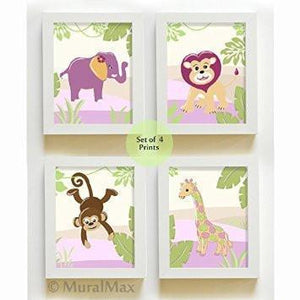 Whimsical Jungle Friends Nursery Theme - Unframed Prints - Set of 4-B018KOFXMW-MuralMax Interiors