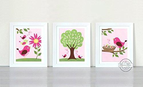 Whimsical Love Bird Garden Nursery Wall Art - Unframed Prints - Set of 3-B018KODW34