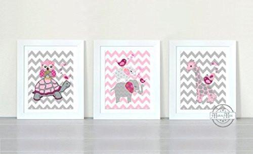 Whimsical Love Birds & Friends Baby Girl Nursery Decor - Chevron Unframed Prints- Set of 3-B018KOF70A
