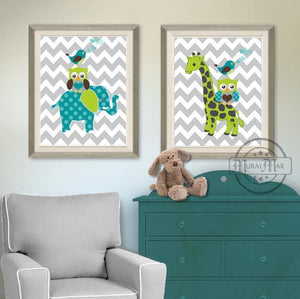 Whimsical Nursery Animals Friends Boy Room or Nursery Wall Art - Chevron Unframed Prints - Set of 2-MuralMax Interiors