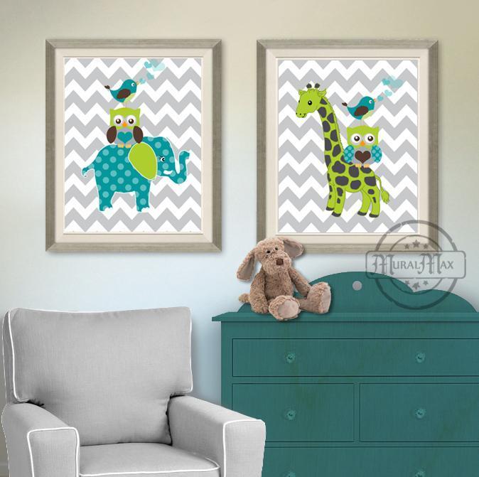 Whimsical Nursery Animals Friends Boy Room or Nursery Wall Art - Chevron Unframed Prints - Set of 2