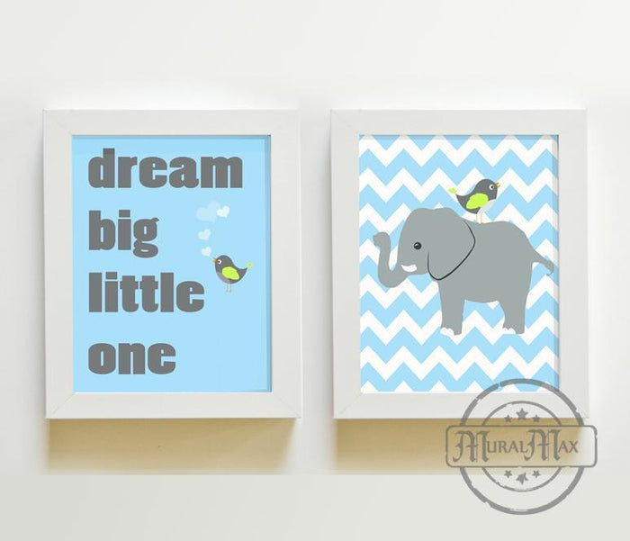 Whimsical Nursery Friends -Dream Big Little One - Chevron Unframed Prints - Set of 2