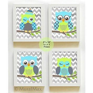Whimsical Nursery Owl Art - Unisex Chevron Unframed Prints - Set of 4-Blue Lime Gray Art-MuralMax Interiors