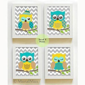 Whimsical Nursery Owl Family - Unisex Chevron Unframed Prints - Set of 4-Turquoise Yellow Art-MuralMax Interiors