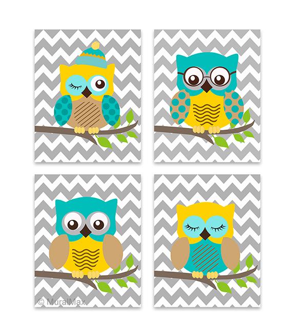 Whimsical Nursery Owl Family - Unisex Chevron Unframed Prints - Set of 4-Turquoise  Yellow Art