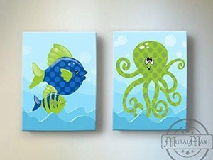 Whimsical OctopUSD & Fish Theme - Canvas Nursery Decor - Set of 2-B018ISJI9Y-MuralMax Interiors