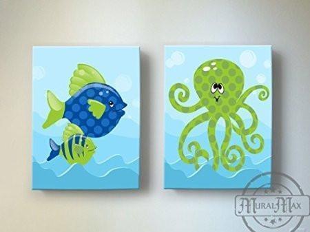 Whimsical OctopUSD & Fish Theme - Canvas Nursery Decor - Set of 2-B018ISJI9Y