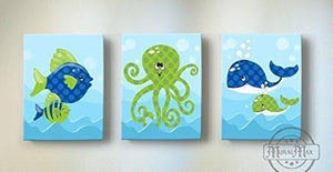 Whimsical OctopUSD & Fish Theme - Canvas Nursery Decor - Set of 3-B018ISJMX6-MuralMax Interiors