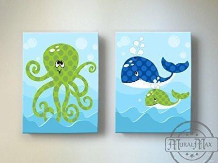 Whimsical OctopUSD & Whale Theme - Canvas Nursery Decor - Set of 2-B018ISKM4E