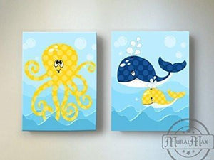 Whimsical OctopUSD & Whale Theme - Canvas Nursery Decor - Set of 2-B018ISMA2G-MuralMax Interiors