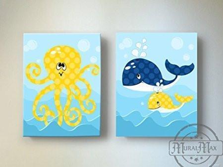 Whimsical OctopUSD & Whale Theme - Canvas Nursery Decor - Set of 2-B018ISMA2G