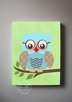 Whimsical Owl Baby Nursery Decor - Green Blue Canvas Owl Wall Art-MuralMax Interiors