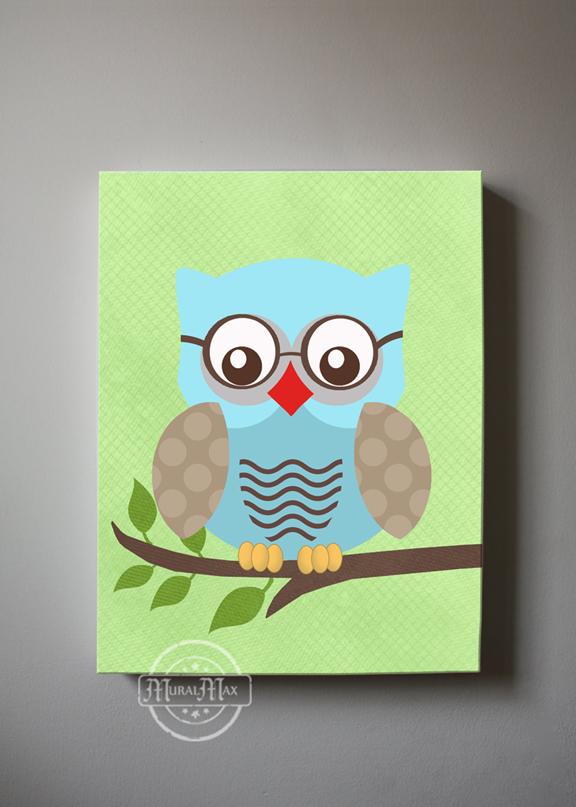 Whimsical Owl Baby Nursery Decor - Green Blue Canvas Owl Wall Art