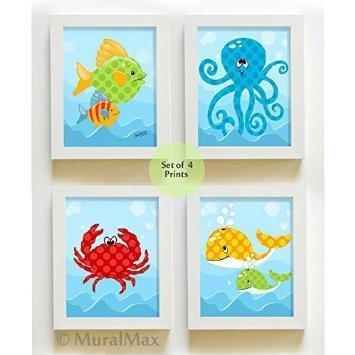 Whimsical Sea Life & Ocean Creatures - Unframed Prints - Set of 4-B018KODNEC