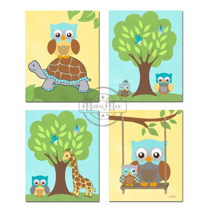 Whimsical Turtle & Friends Baby Nursery Prints - Unframed Prints - set of 4