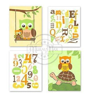 Whimsical Turtle & Owls Alphabet Wall Art - Playroom Art- Unframed Prints - Set of 4-MuralMax Interiors