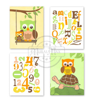 Whimsical Turtle & Owls Alphabet Wall Art - Playroom Art- Unframed Prints - Set of 4-MuralMax Interiors