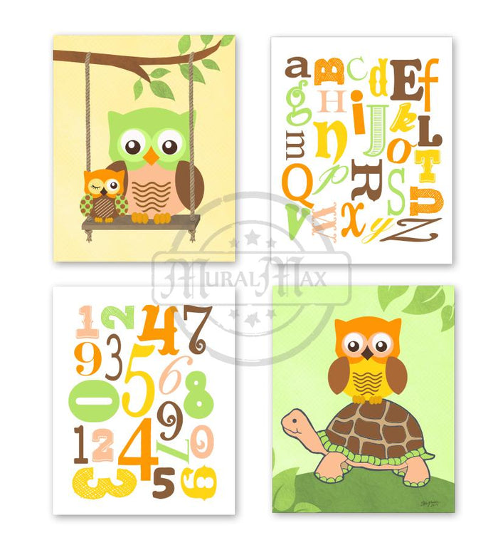 Whimsical Turtle & Owls Alphabet Wall Art - Playroom Art- Unframed Prints - Set of 4