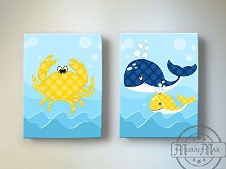 Whimsical Whale & Crab Theme - Canvas Nursery Decor - Set of 2-B018ISMSOQ