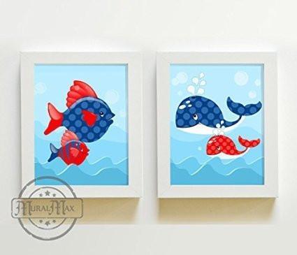 Whimsical Whales & Fish Decor -Ocean Art Unframed Prints - Set of 2-B018KOCM4Y