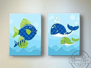 Whimsical Whales & Fish Theme - Canvas Nursery Decor - Set of 2-B018ISKEC4-MuralMax Interiors