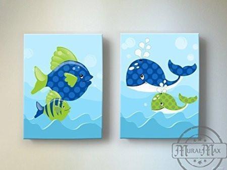 Whimsical Whales & Fish Theme - Canvas Nursery Decor - Set of 2-B018ISKEC4