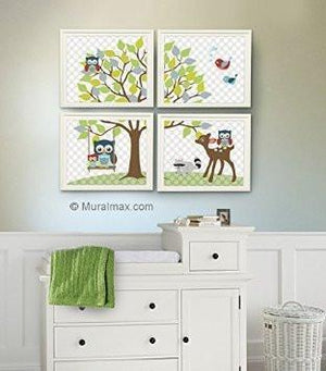 Whimsical Woodland Animals & Tree Baby Boy Nursery Decor- Set of 4 - Unframed Prints-MuralMax Interiors