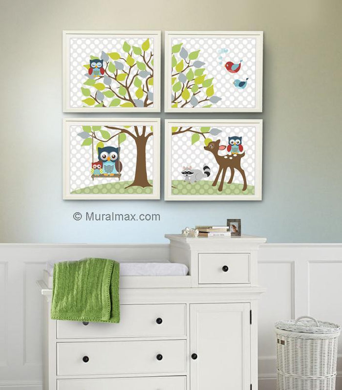 Whimsical Woodland Animals & Tree Baby Boy Nursery Decor- Set of 4 - Unframed Prints