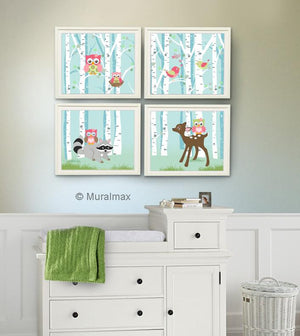 Woodland Animals In Forest - Owl Deer Raccoon - Set of 4 - Unframed Prints - Baby Girl Nursery Decor-MuralMax Interiors