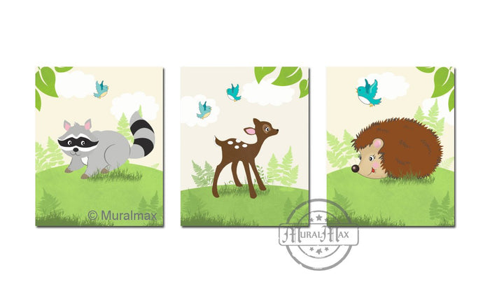 Woodland Animals Nursery Art Raccoon Deer  - Unframed Prints - Set of 3