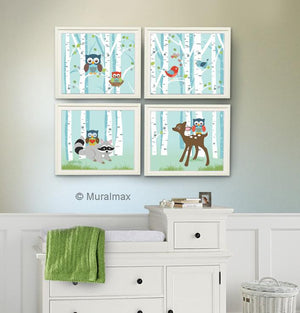 Woodland Nursery Art - Animal Nursery Decor -Owl Raccoon Deer - Set of 4 - Unframed Prints-MuralMax Interiors
