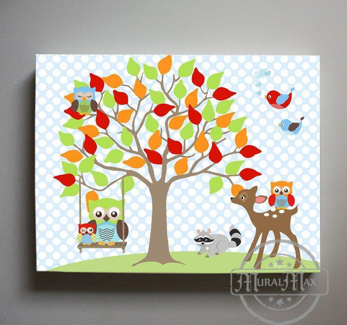Woodland Nursery Art - Baby Animal & Nursery Tree Canvas Decor-Multi Color