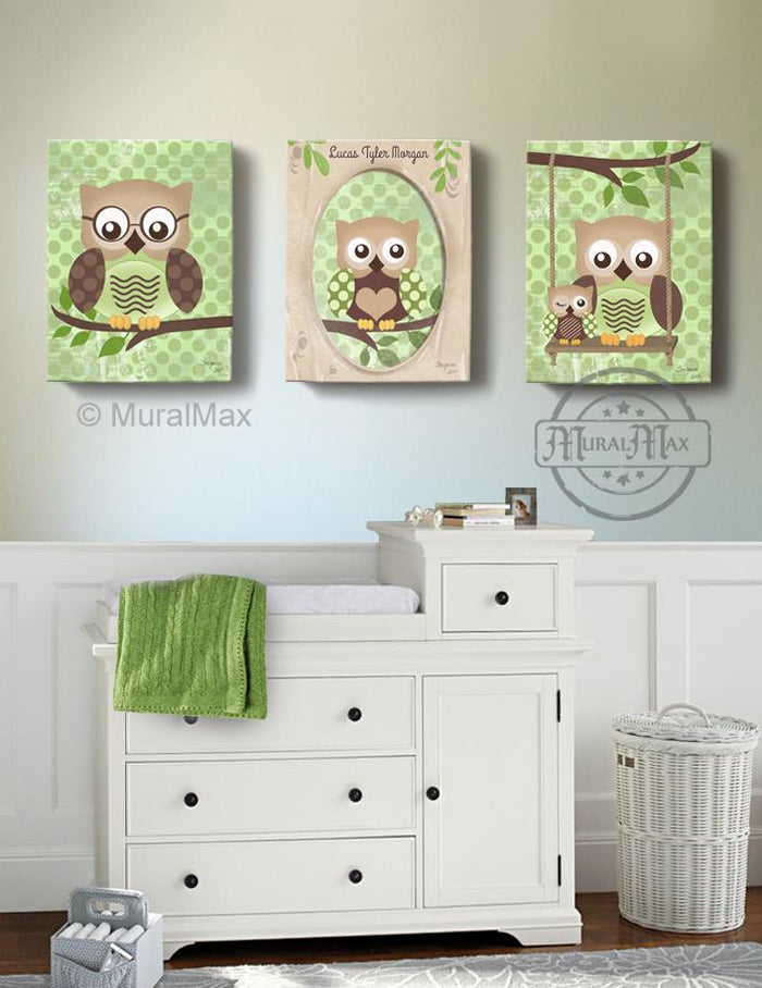 Woodland Owl Boy Room Decor - Set of 3 Canvas Art - Brown Green Decor
