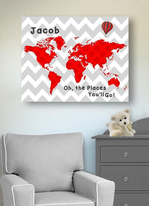 World Map Boy Room Decor - Oh The Places You'll Go - Personalized Dr Seuss Nursery Wall Art - Chevron Canvas Wall Art -B071W2RK6Y-MuralMax Interiors