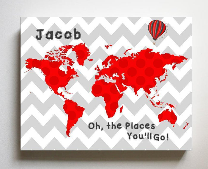 World Map Boy Room Decor - Oh The Places You'll Go - Personalized Dr Seuss Nursery Wall Art - Chevron Canvas Wall Art