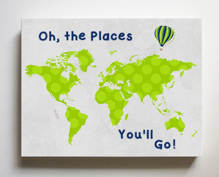World Map Boy's Room Canvas Wall Art - Oh The Places You'll Go Dr Seuss Quote-B071VDDN3L