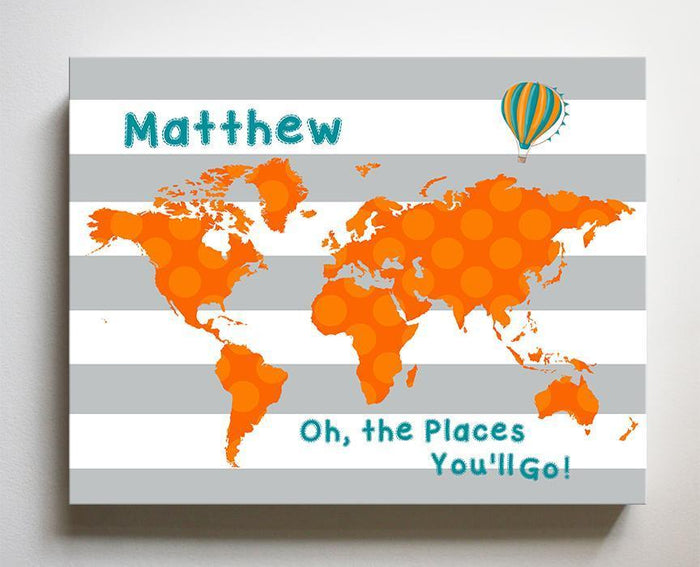 World Map Kids Room Decor - Playroom Wall Art - Oh The Places You'll Go - Boy Room or Nursery Wall Art