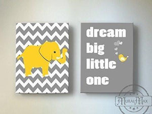 Yellow And Gray Baby Nursery Art Dream Big Little One Rhyme - Chevron Canvas Decor -The Elephants & Lovebird Collection - Set of 2-MuralMax Interiors