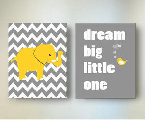 Yellow And Gray Baby Nursery Art Dream Big Little One Rhyme - Chevron Canvas Decor -The Elephants & Lovebird Collection - Set of 2-MuralMax Interiors